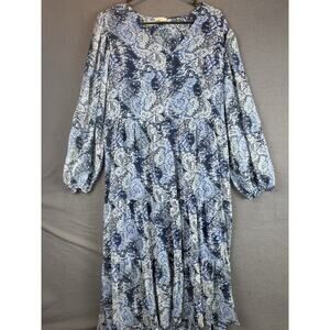 JOIE Women's Blue Parisian Paisley Tiered High Low Long Sleeves Maxi Dress M